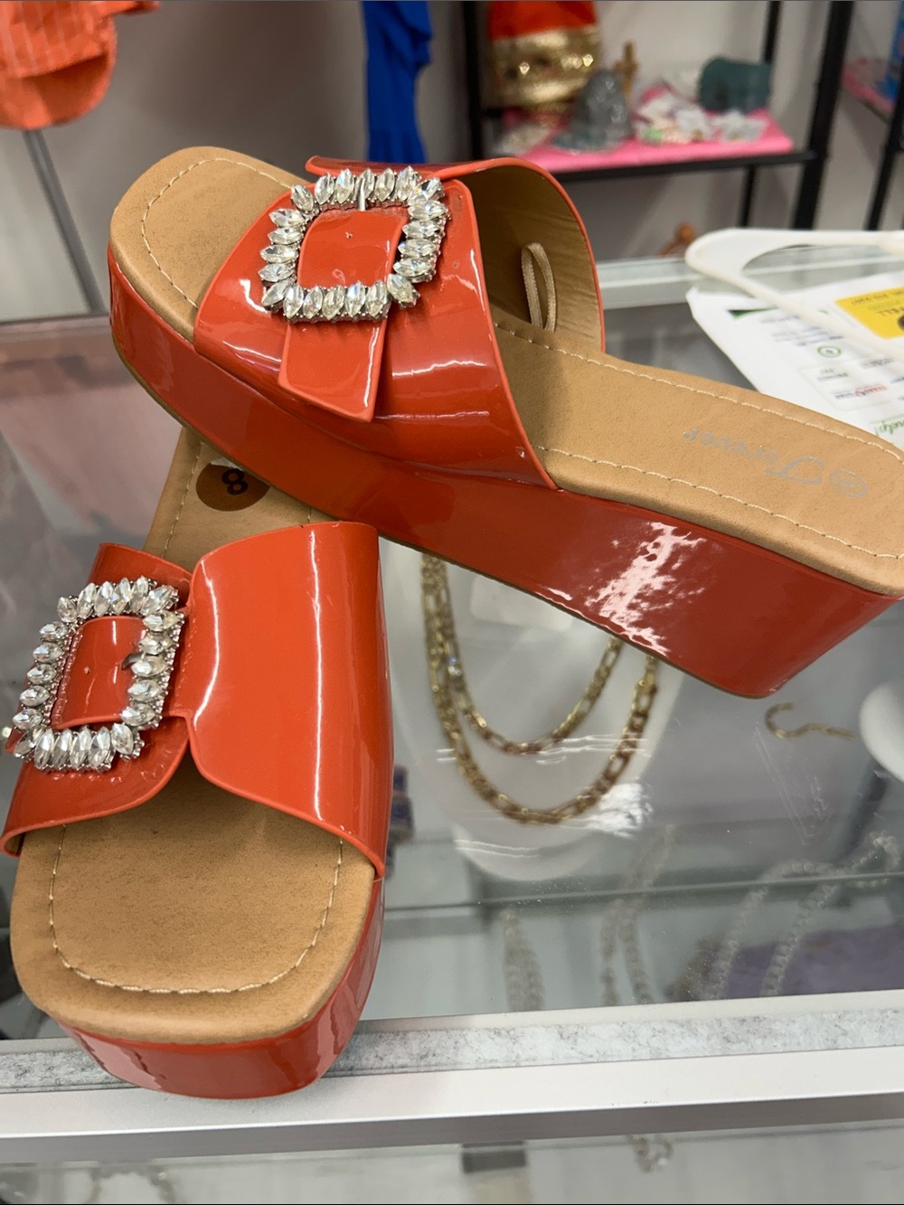 Forever 21 Orange Patent Platform Slide Sandals with Crystal Buckle